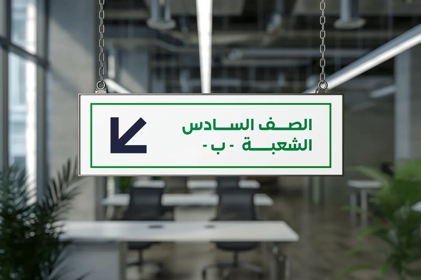لافتة معلقة بسلاسل: الصف السادس الشعبة ب